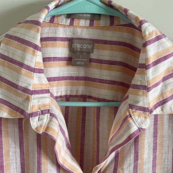 Chicos Linen No Iron Button Shirt Size 1 US M Multicolor Metallic Stripe Medium - Picture 2 of 8